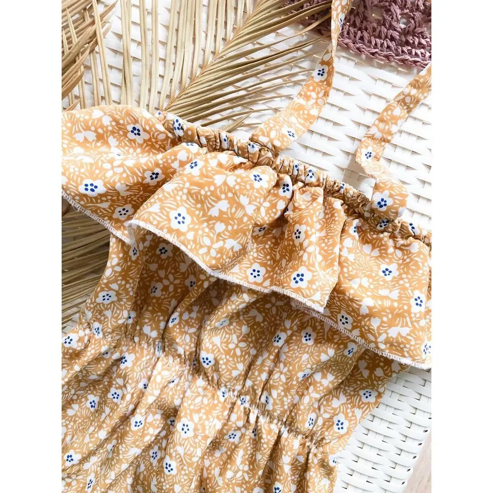 EUC Crew & Lu Golden Floral Flounce Top Playsuit Romper 12-18mths